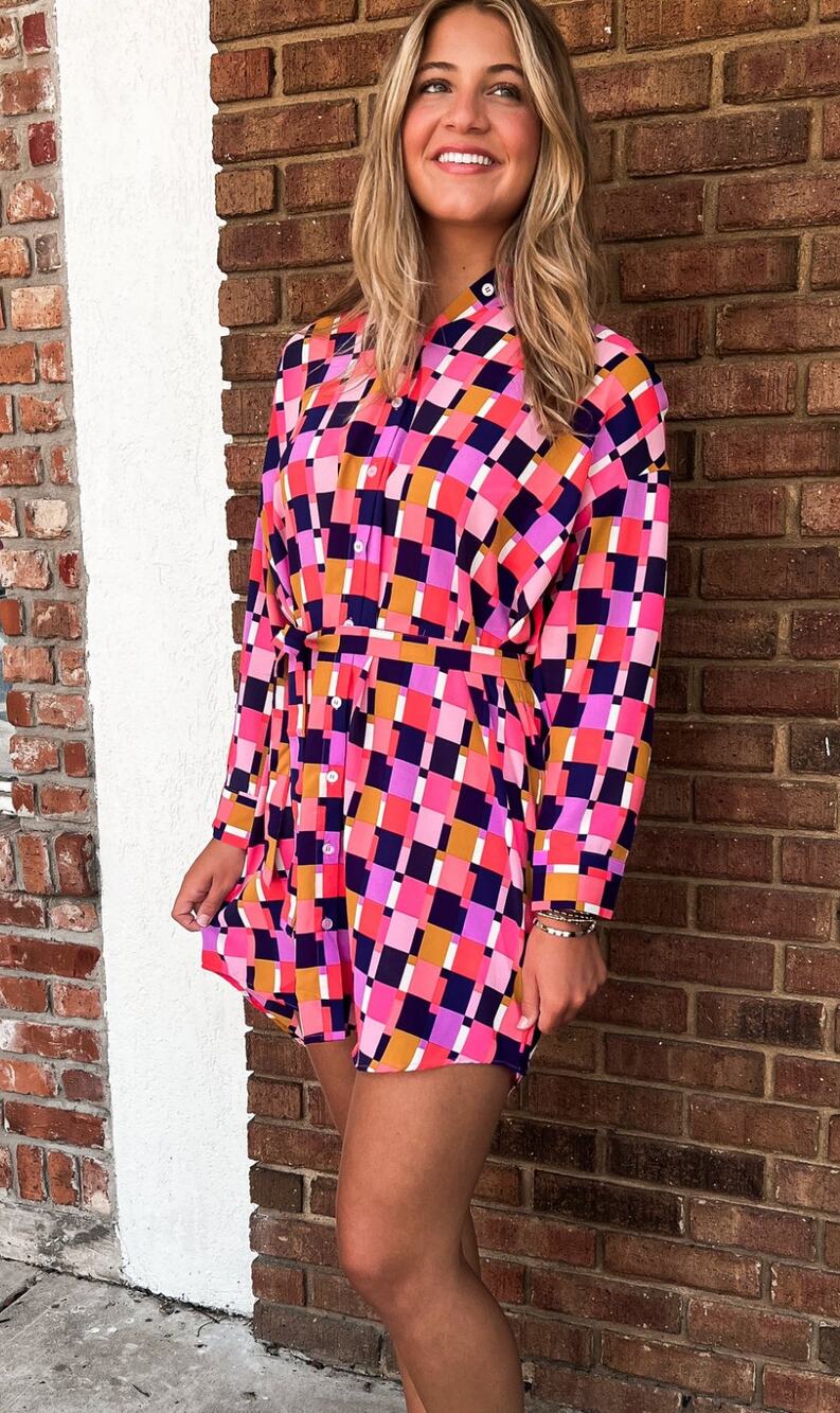 Michelle McDowell Womens XL Multi Retro Belted Button Up Boho Mini Dress